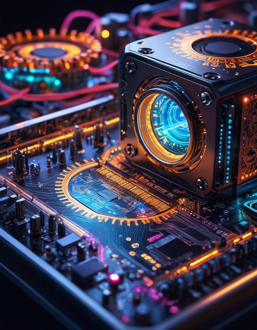 A sleek router with vibrant LED lights glowing, surrounded by gears and circuit patterns symbolizing customization and optimization. The background features a digital landscape with elements like binary code and network nodes. A hand is adjusting settings on a digital interface, representing user empowerment. The overall mood is tech-savvy and futuristic. 3D. vibrant colors. digital art.