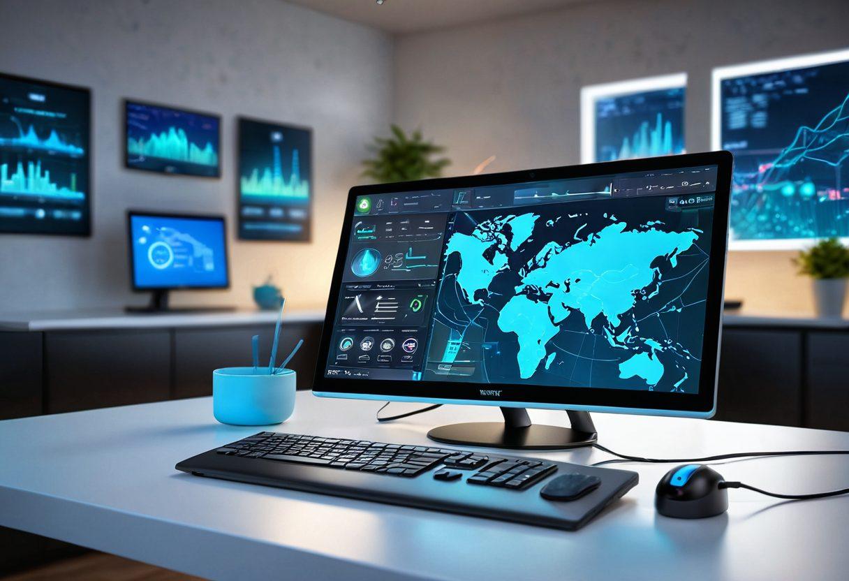 A futuristic home network setup featuring a sleek router with OpenWRT interface on a computer screen, surrounded by connected devices like smart lights and security cameras. The background showcases a digital landscape representing high-speed internet and network performance with dynamic graphs and vibrant data flow effects. Emphasize technology and connectivity, with a color palette of blues and greens to evoke innovation. super-realistic. vibrant colors. 3D.